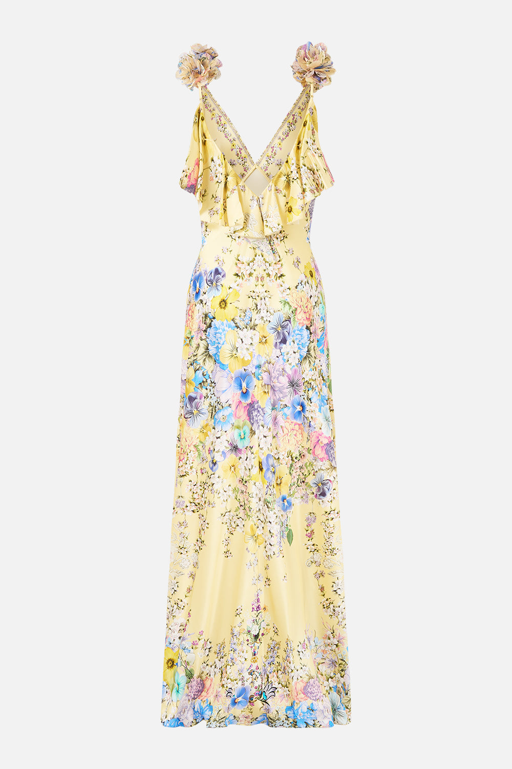 VESTIDO LENCERO AL BIES ESCOTE PICO CON VOLANTE EN LA ESPALDA ESTAMPADO DARLING BUDS