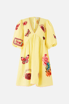 V NECK PUFF SLEEVE SHORT DRESS COLLAGE KINGDOM