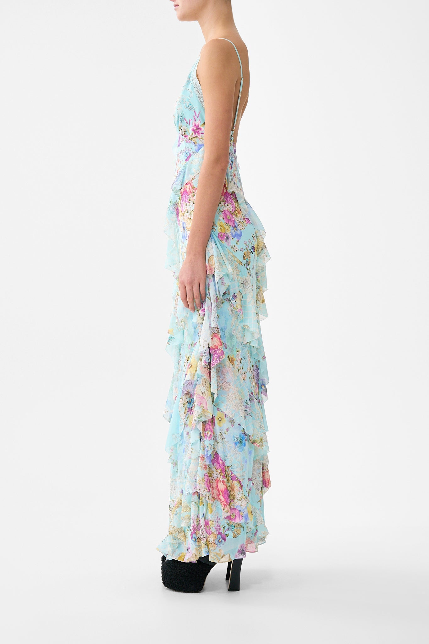 Bazaar Blooms Asymmetrical Ruffle Slip Dress