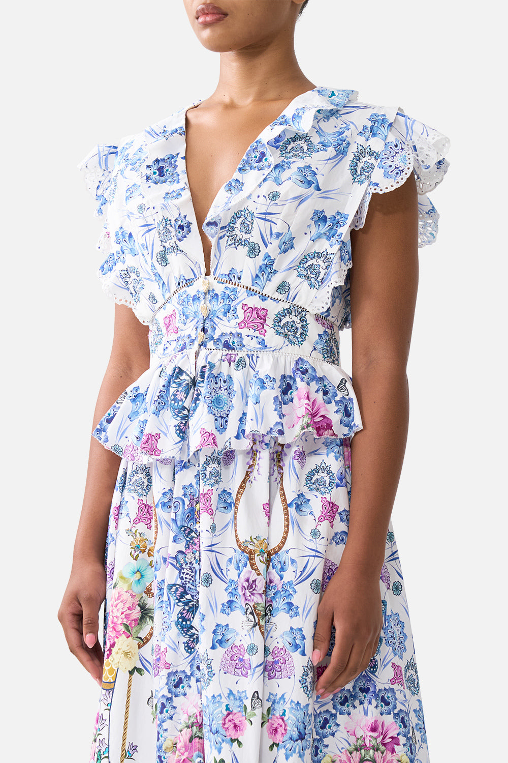 WAISTED MIDI DRESS WITH RUFFLE DETAILS ALL ABOUT THAT LACE