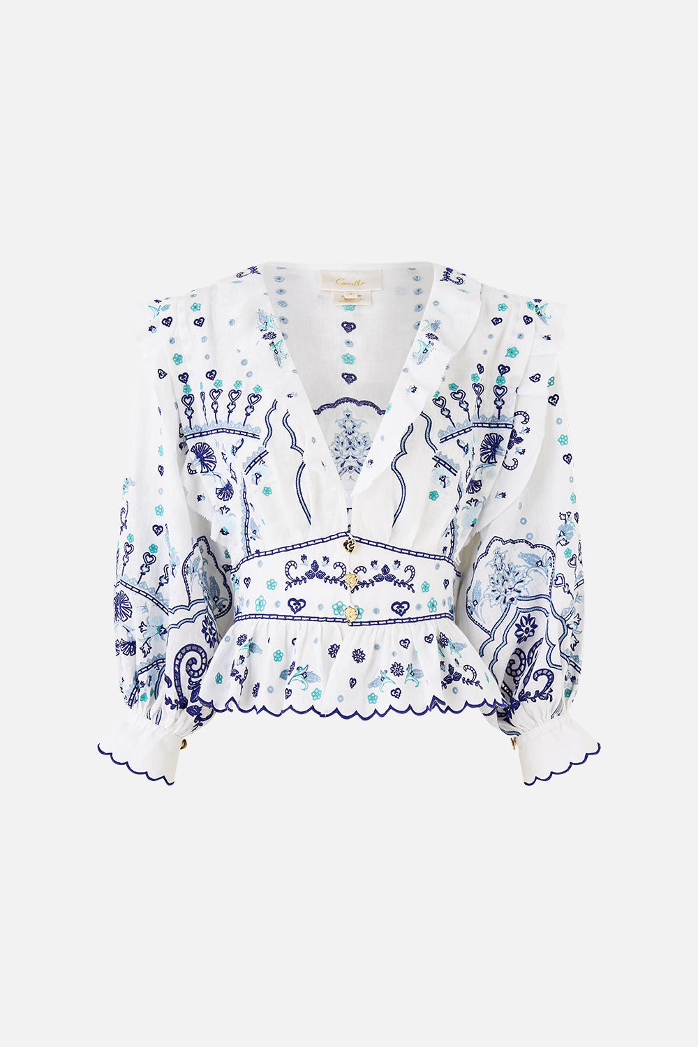 BLUSA DE ENCAJE CON CUELLO EN V Y VOLANTES