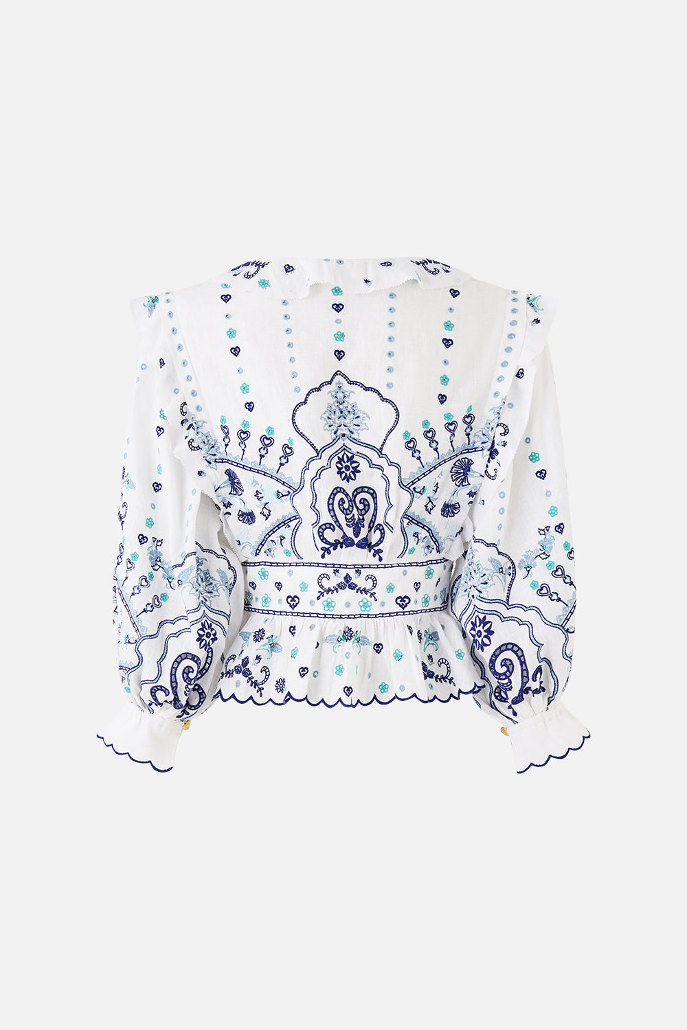 BLUSA DE ENCAJE CON CUELLO EN V Y VOLANTES