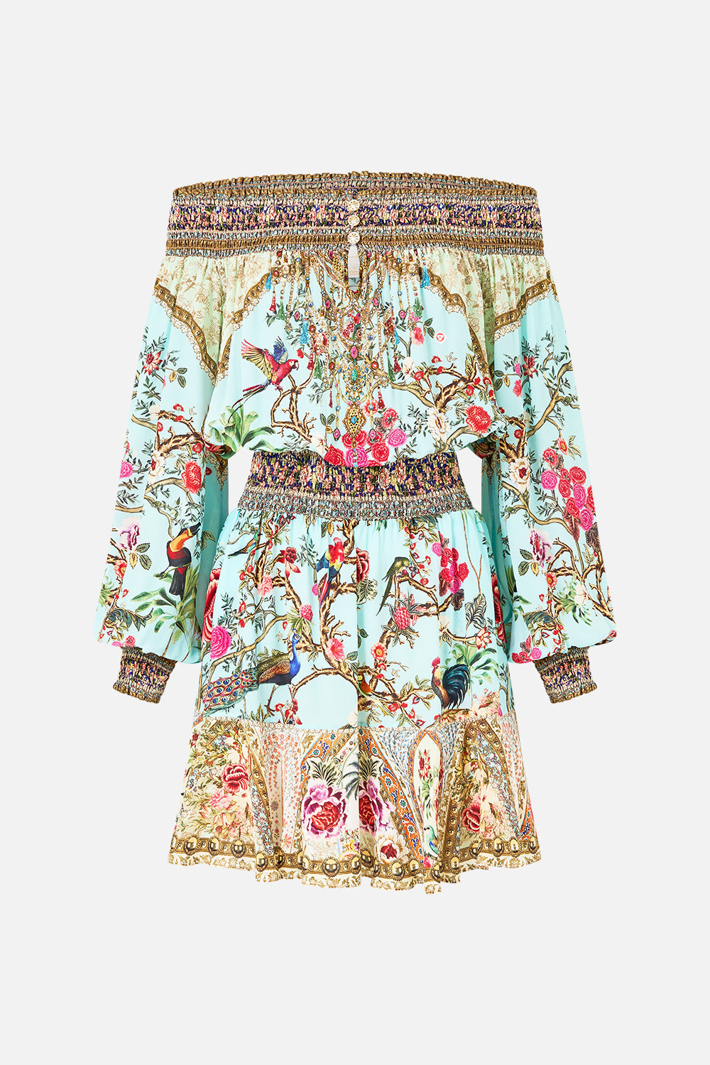 VESTIDO CORTO CON HOMBROS DESCUBIERTOS SULTANES Y REINAS