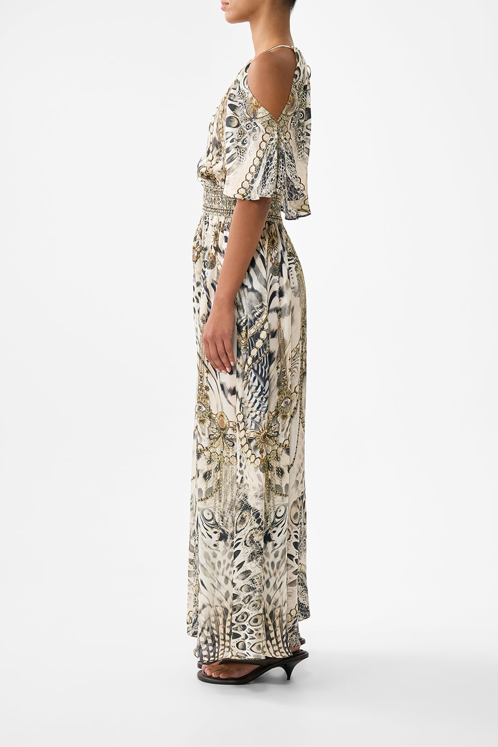 The CAMILLA neck charm shirred waist long dress from our print lady lionheart