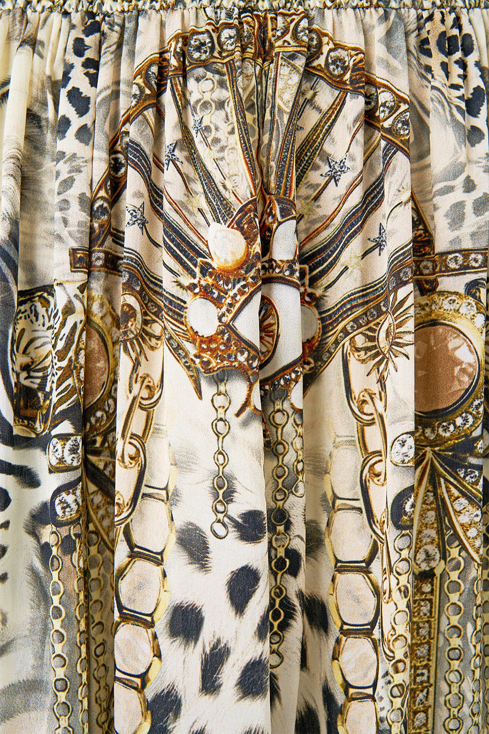 The CAMILLA neck charm shirred waist long dress from our print lady lionheart