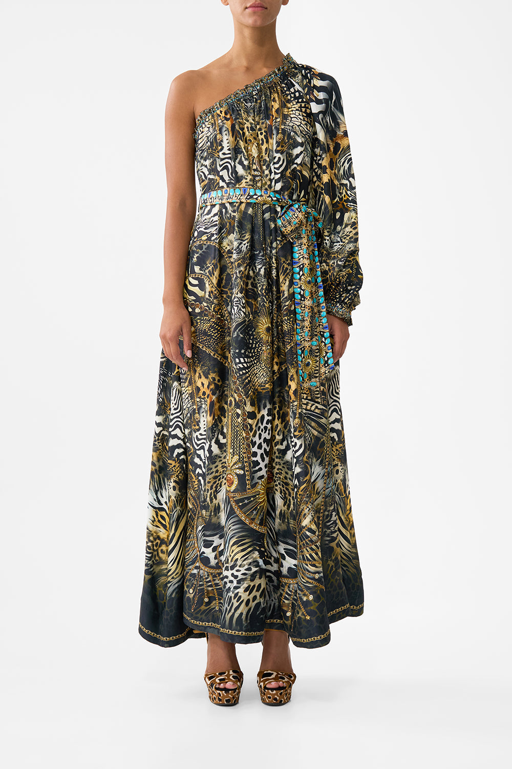 ONE SHOULDER DRESS WITH BLOUSON SLEEVE FELINE FOLKLORE