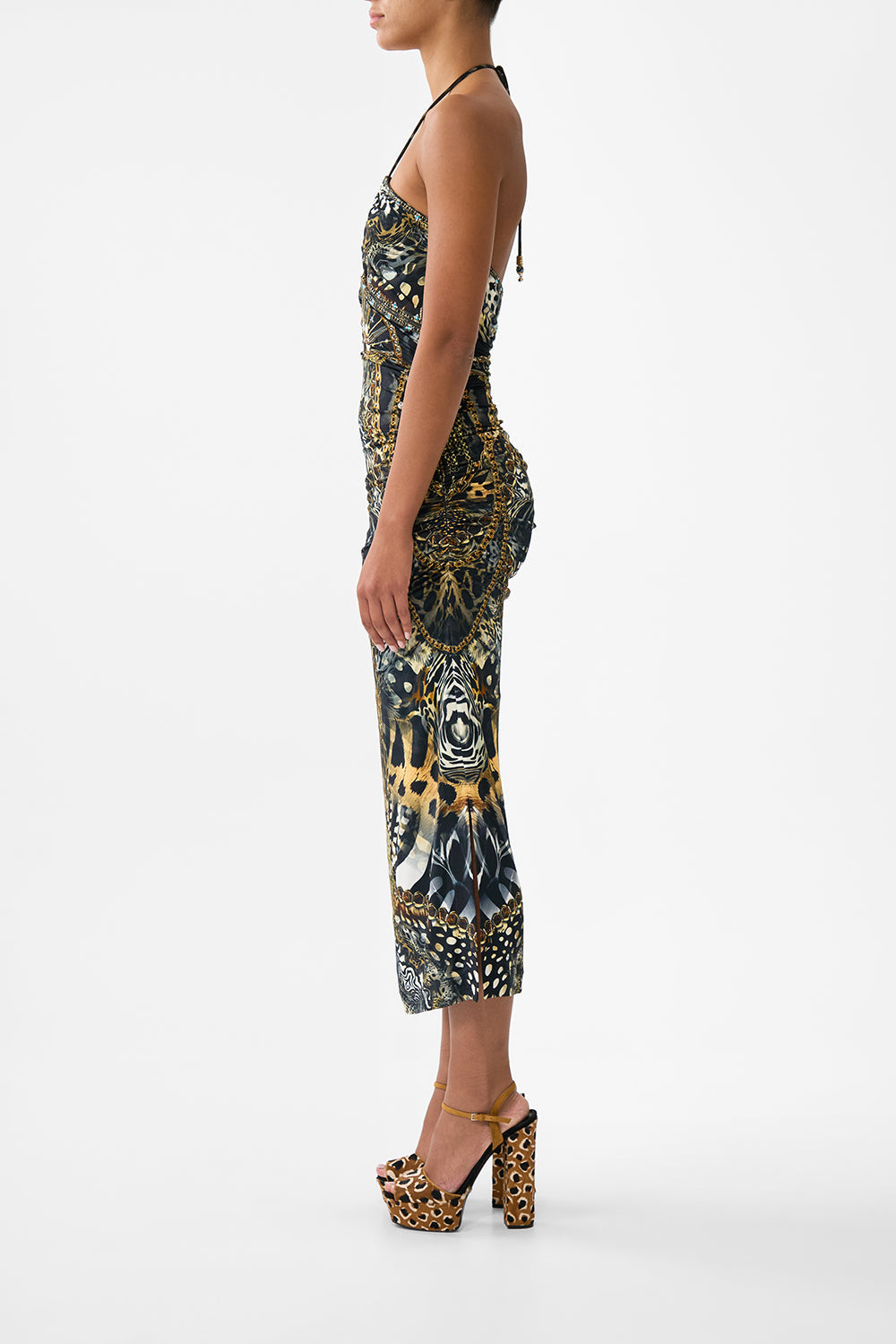 VESTIDO HALTER SIN MANGAS CON ABERTURAS DE PUNTO FOLCLORE FELINO