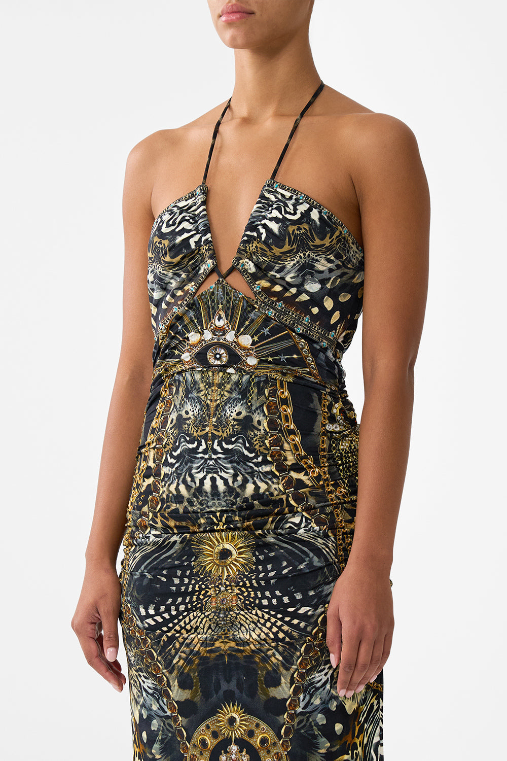 VESTIDO HALTER SIN MANGAS CON ABERTURAS DE PUNTO FOLCLORE FELINO