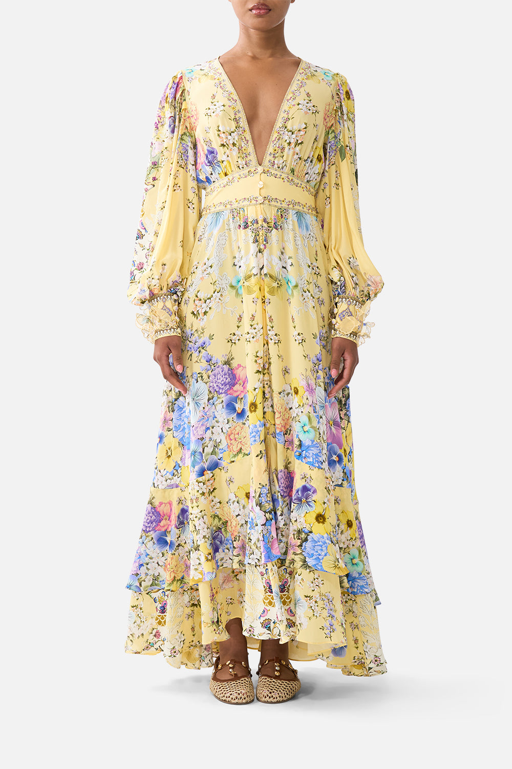 The CAMILLA long button front dress from our print darling buds, front model view