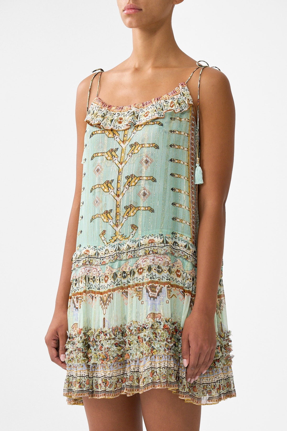 The CAMILLA gathered mini tiered dress with frill detail from our print legend has it