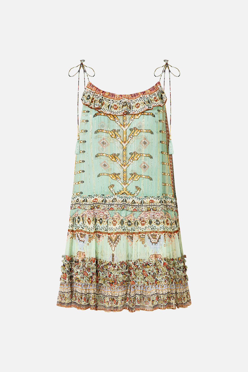 The CAMILLA gathered mini tiered dress with frill detail from our print legend has it, front product view