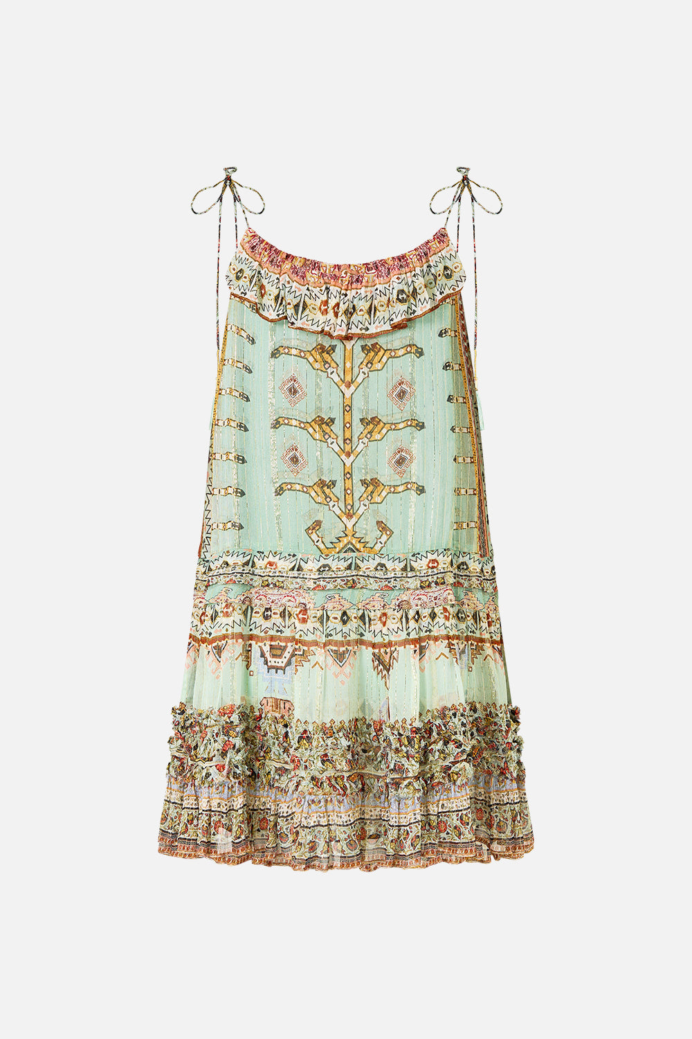 The CAMILLA gathered mini tiered dress with frill detail from our print legend has it, back product view