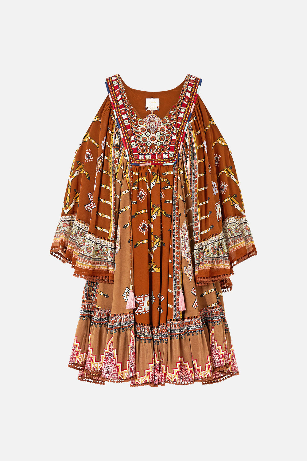 VESTIDO CON VOLANTES DE HOMBROS CAÍDOS TELA DEL TIEMPO