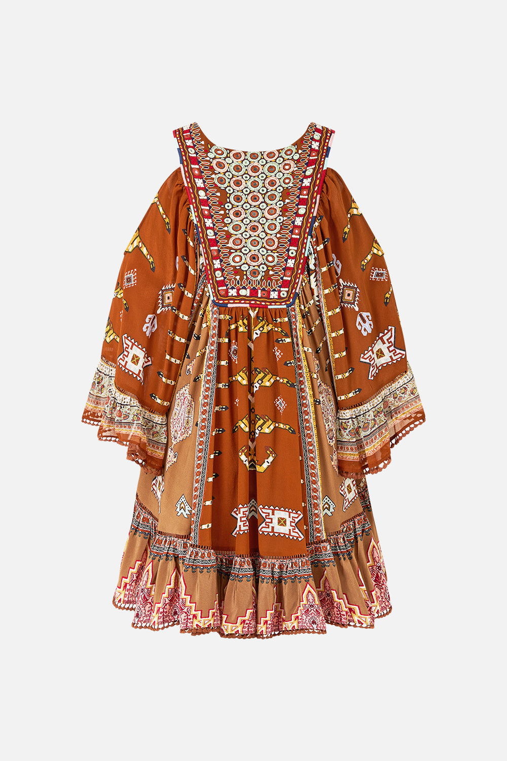 VESTIDO CON VOLANTES DE HOMBROS CAÍDOS TELA DEL TIEMPO