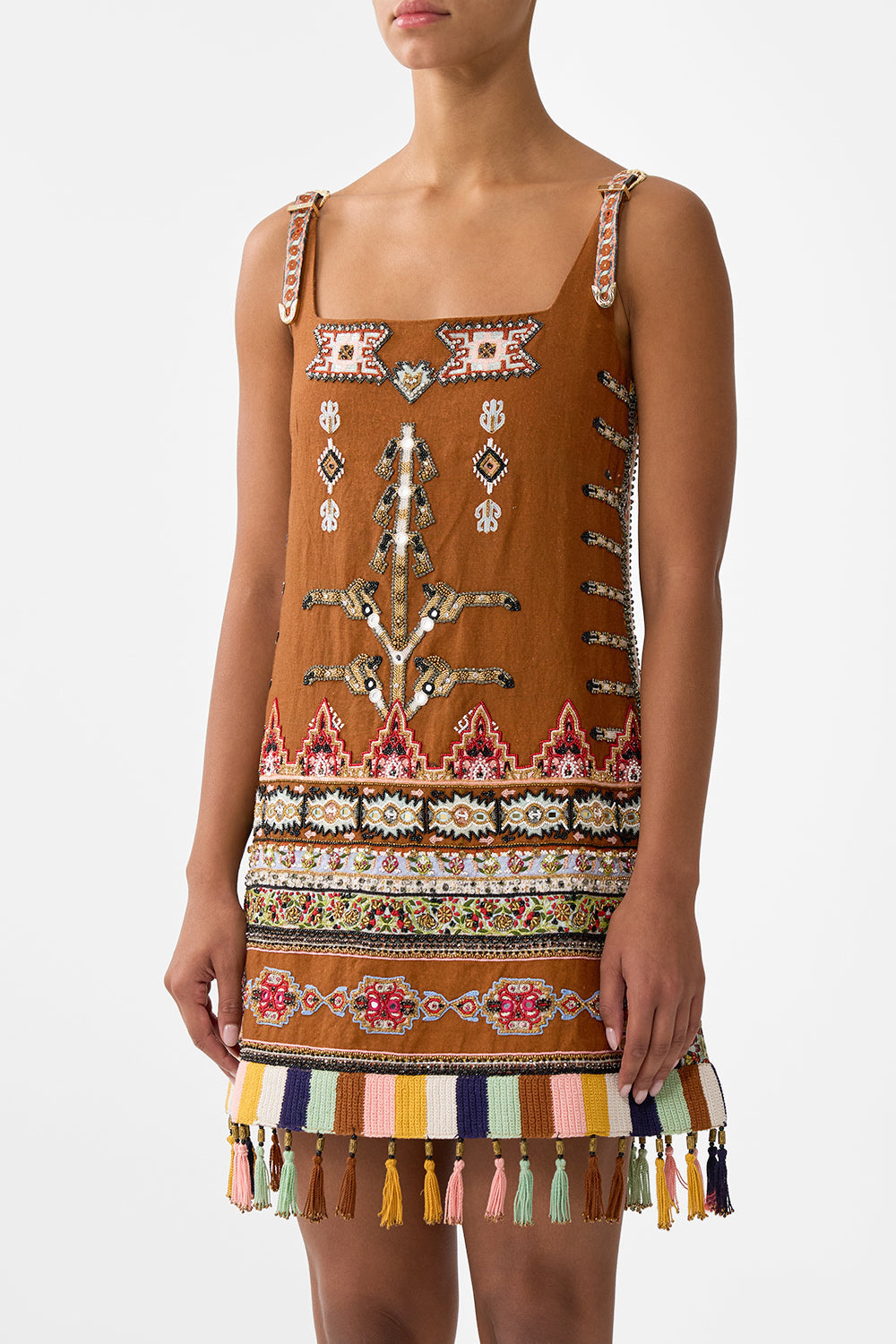VESTIDO CAMISERO DE CUELLO CUADRADO TEJIDO DEL TIEMPO