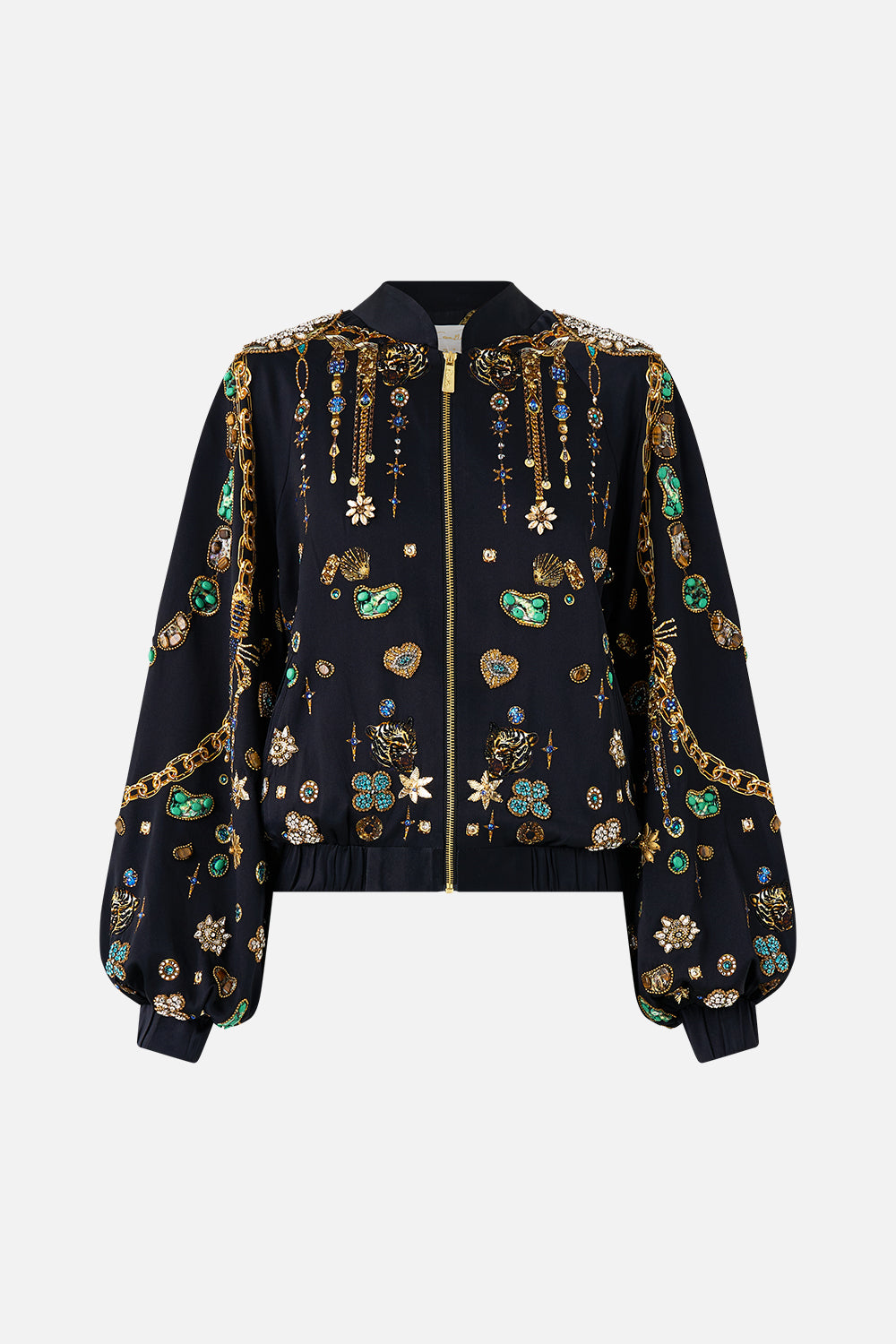 CAZADORA BOMBER CON PUÑOS FRUNCIDOS AMULETOS Y ALQUIMIA