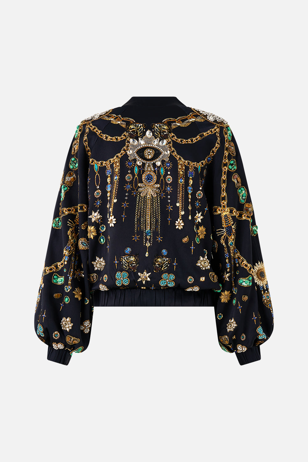 CAZADORA BOMBER CON PUÑOS FRUNCIDOS AMULETOS Y ALQUIMIA