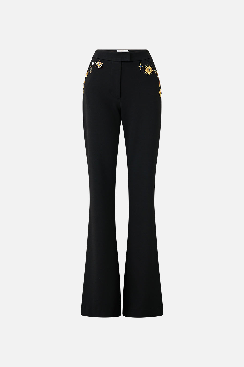 The CAMILLA flare trouser with seam detail from our print amulets and alchemy, front product view