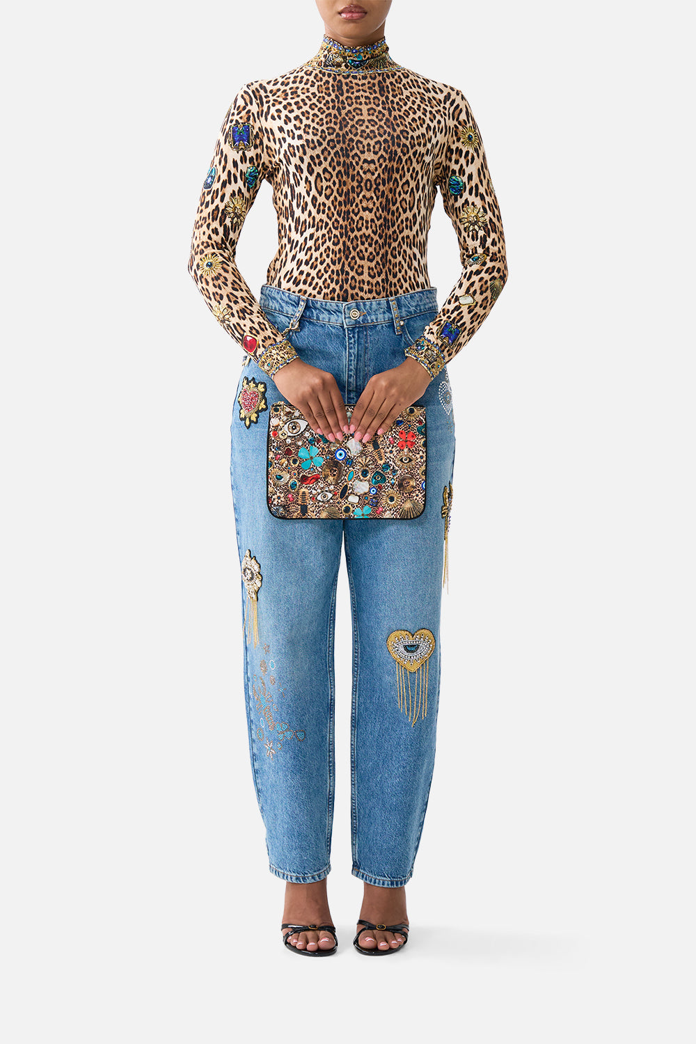 The CAMILLA small canvas clutch from our print Nazar nirvana, front model view