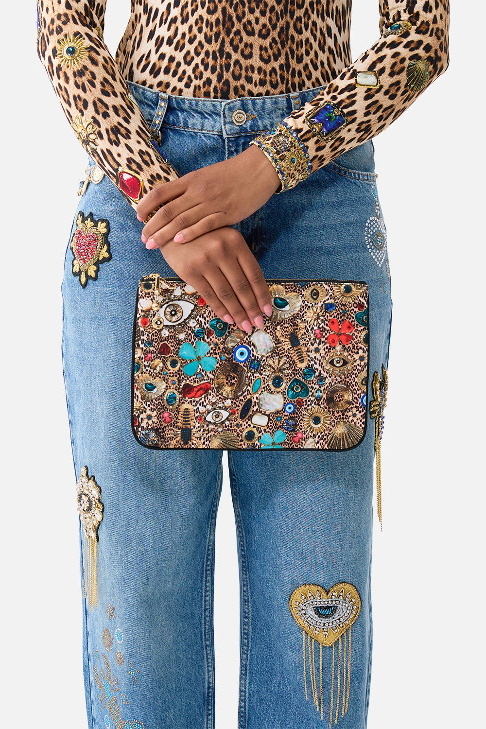 The CAMILLA small canvas clutch from our print Nazar nirvana, side model view