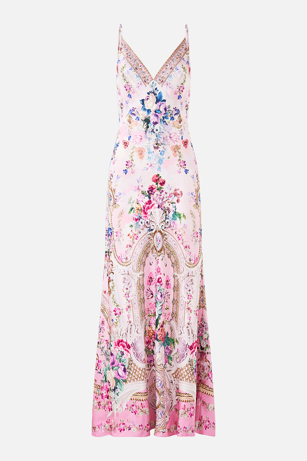 VESTIDO LISO LARGO AL BIES CON ESCOTE EN V Y COLA PALATIAL PASTELS