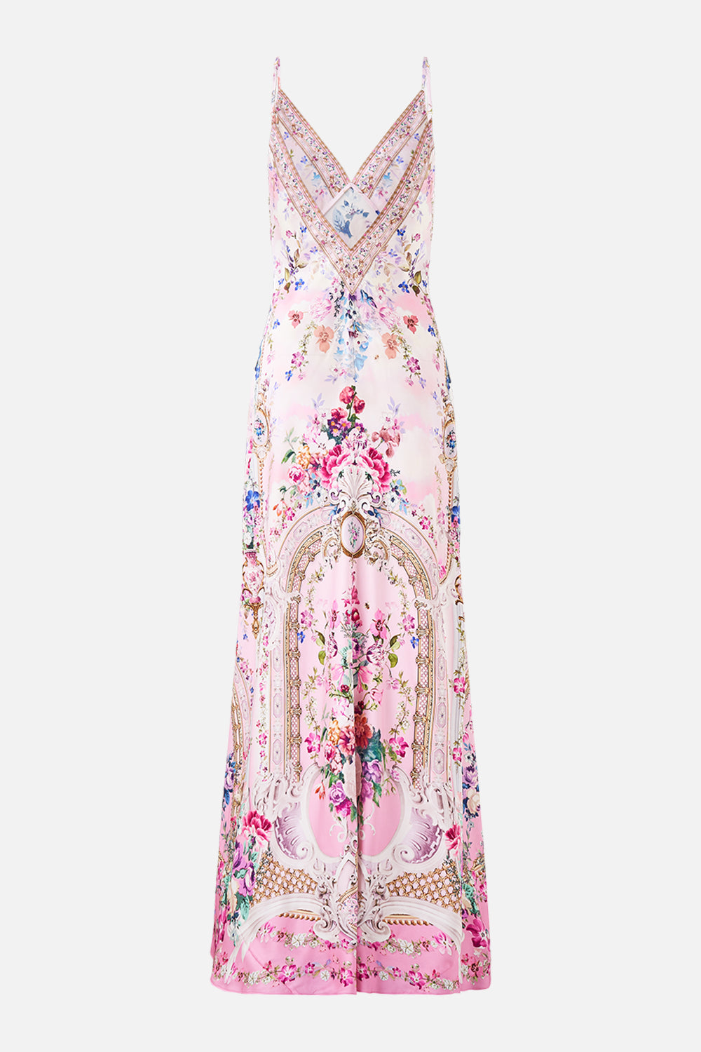 VESTIDO LISO LARGO AL BIES CON ESCOTE EN V Y COLA PALATIAL PASTELS