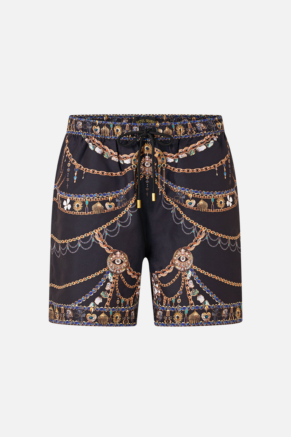 The CAMILLA mid length boardshort with elastic waist from our print amulets and alchemy, front product view