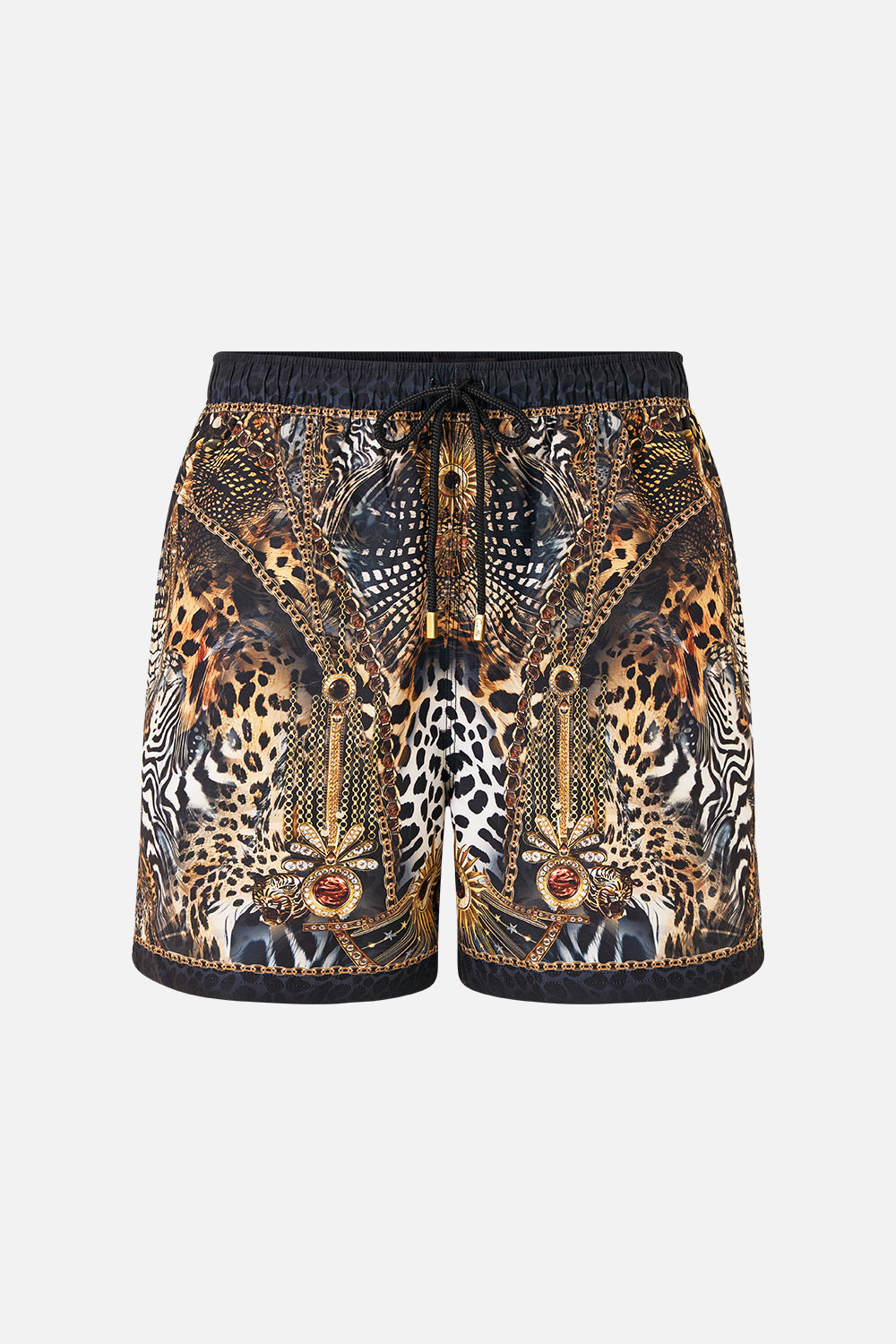 The CAMILLA mid length boardshort with elastic waist from our print feline folklore, front product view