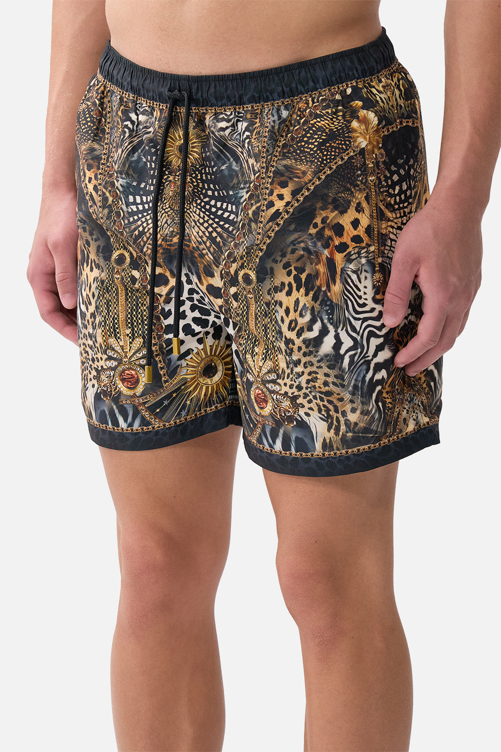 The CAMILLA mid length boardshort with elastic waist from our print feline folklore