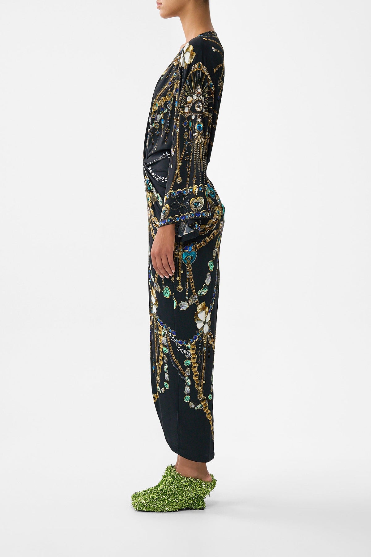 The CAMILLA long split front twist dress from our print amulets and alchemy