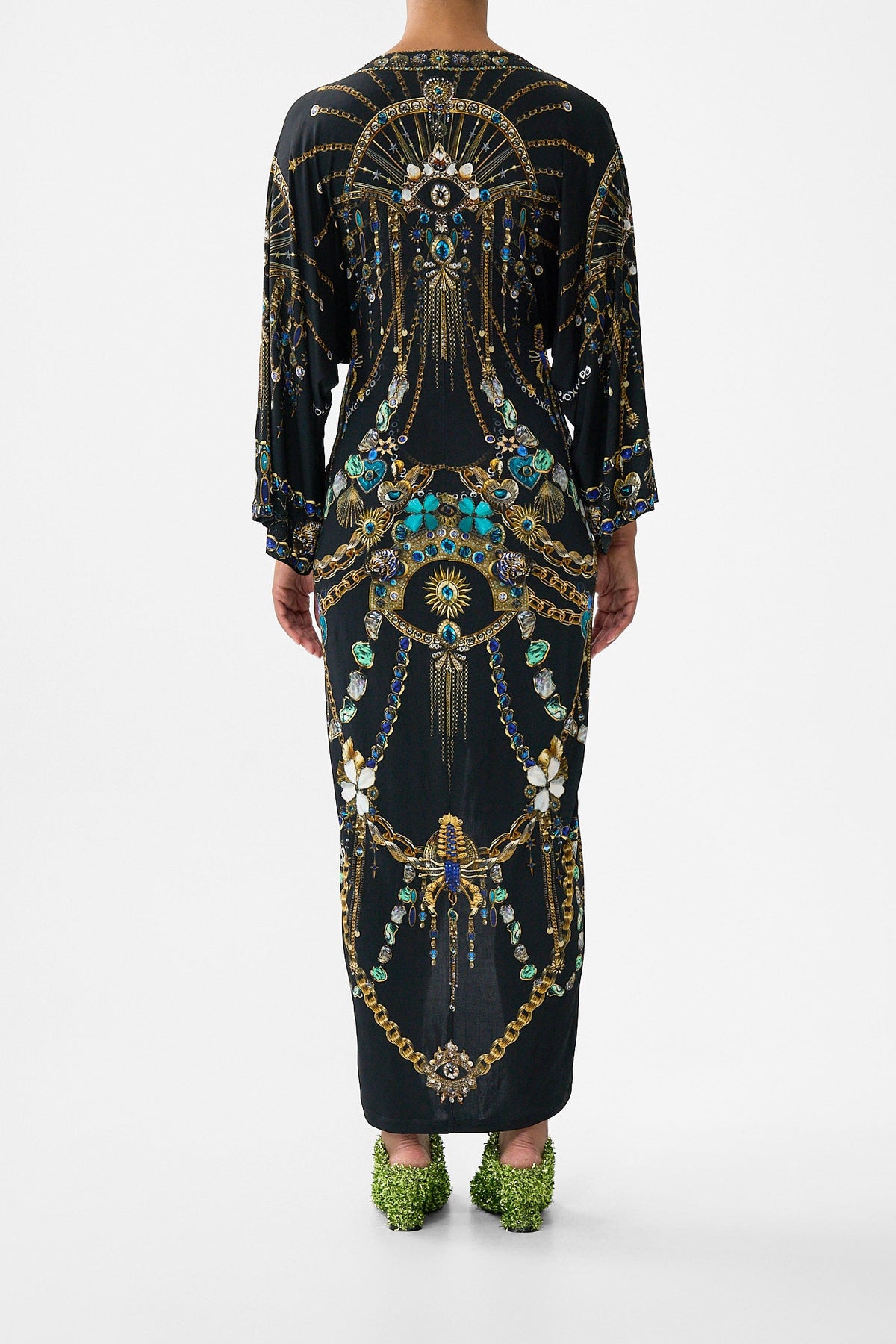 The CAMILLA long split front twist dress from our print amulets and alchemy