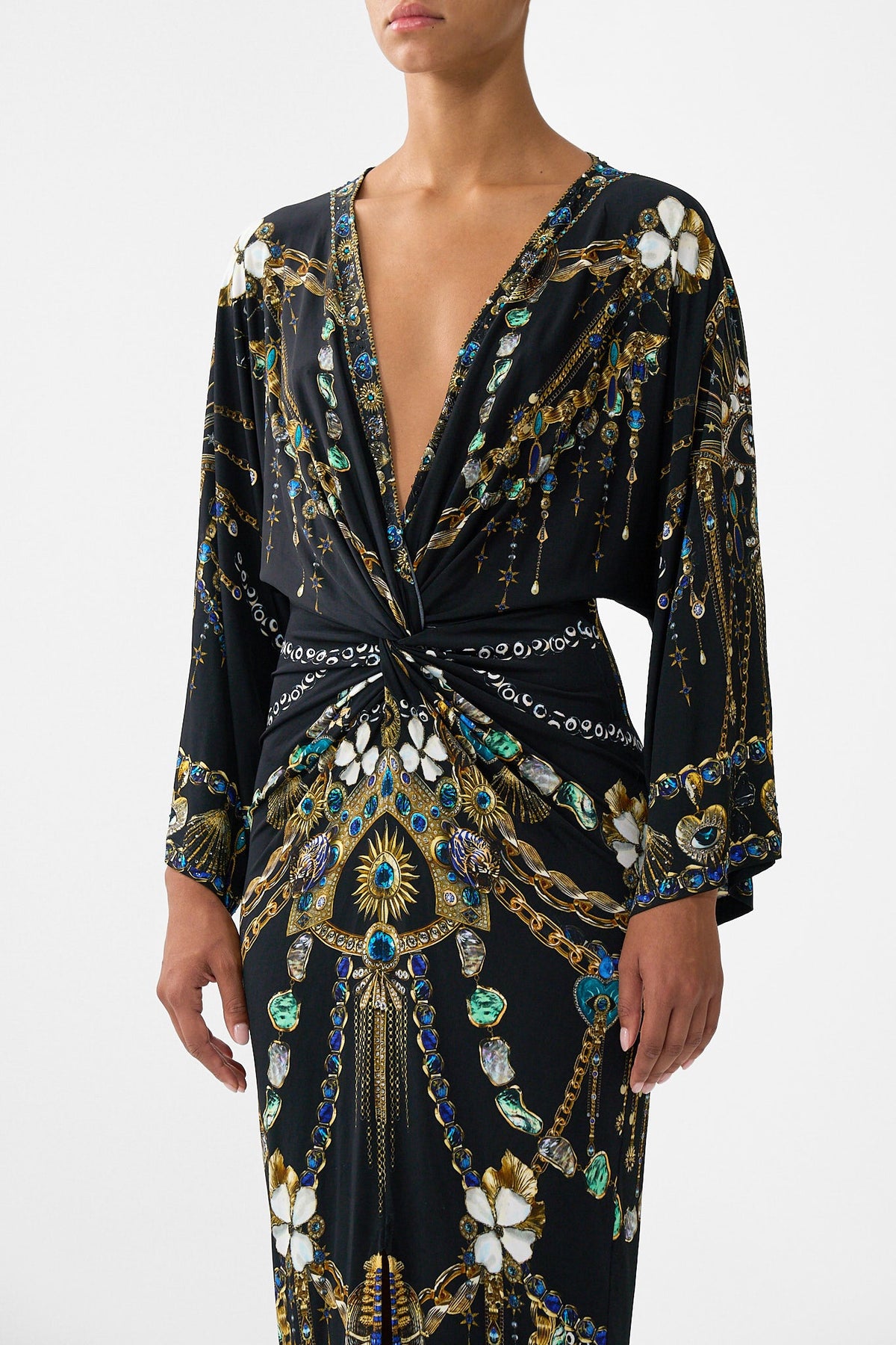 The CAMILLA long split front twist dress from our print amulets and alchemy