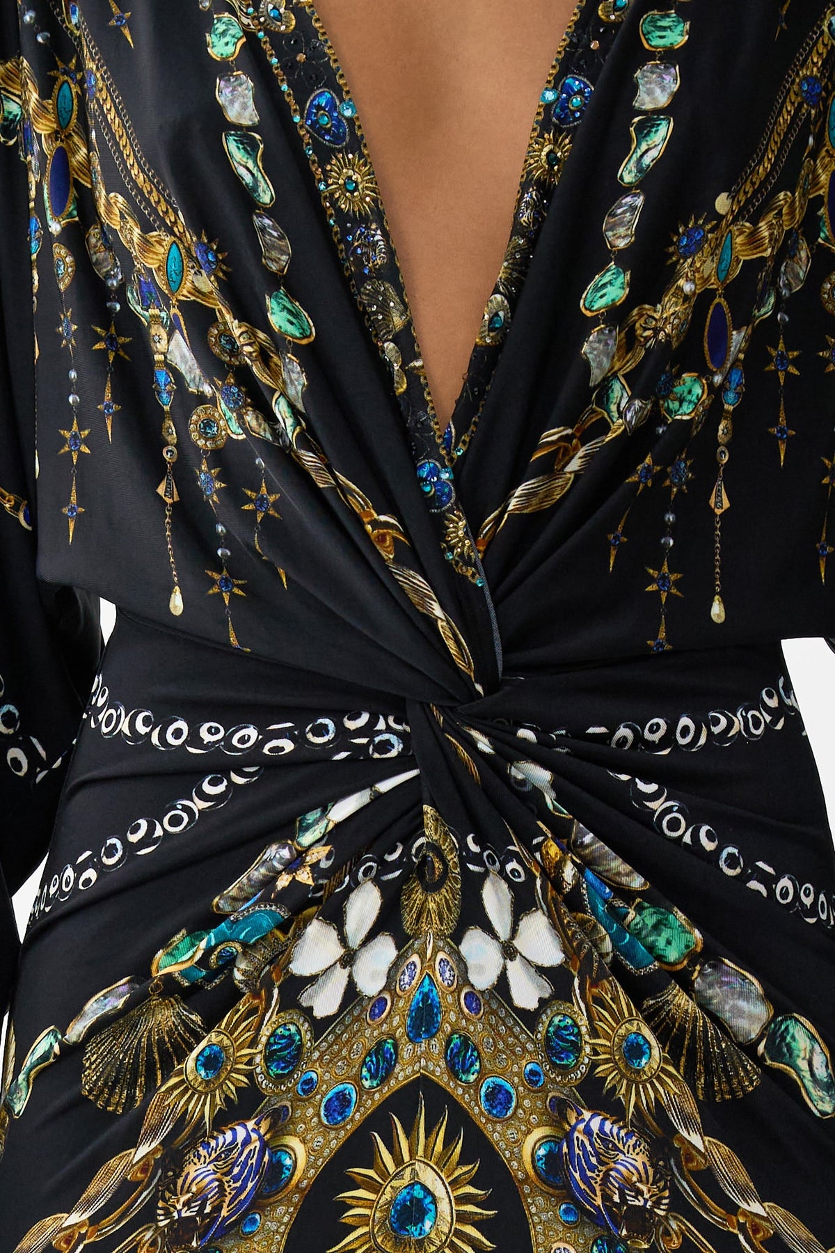 The CAMILLA long split front twist dress from our print amulets and alchemy