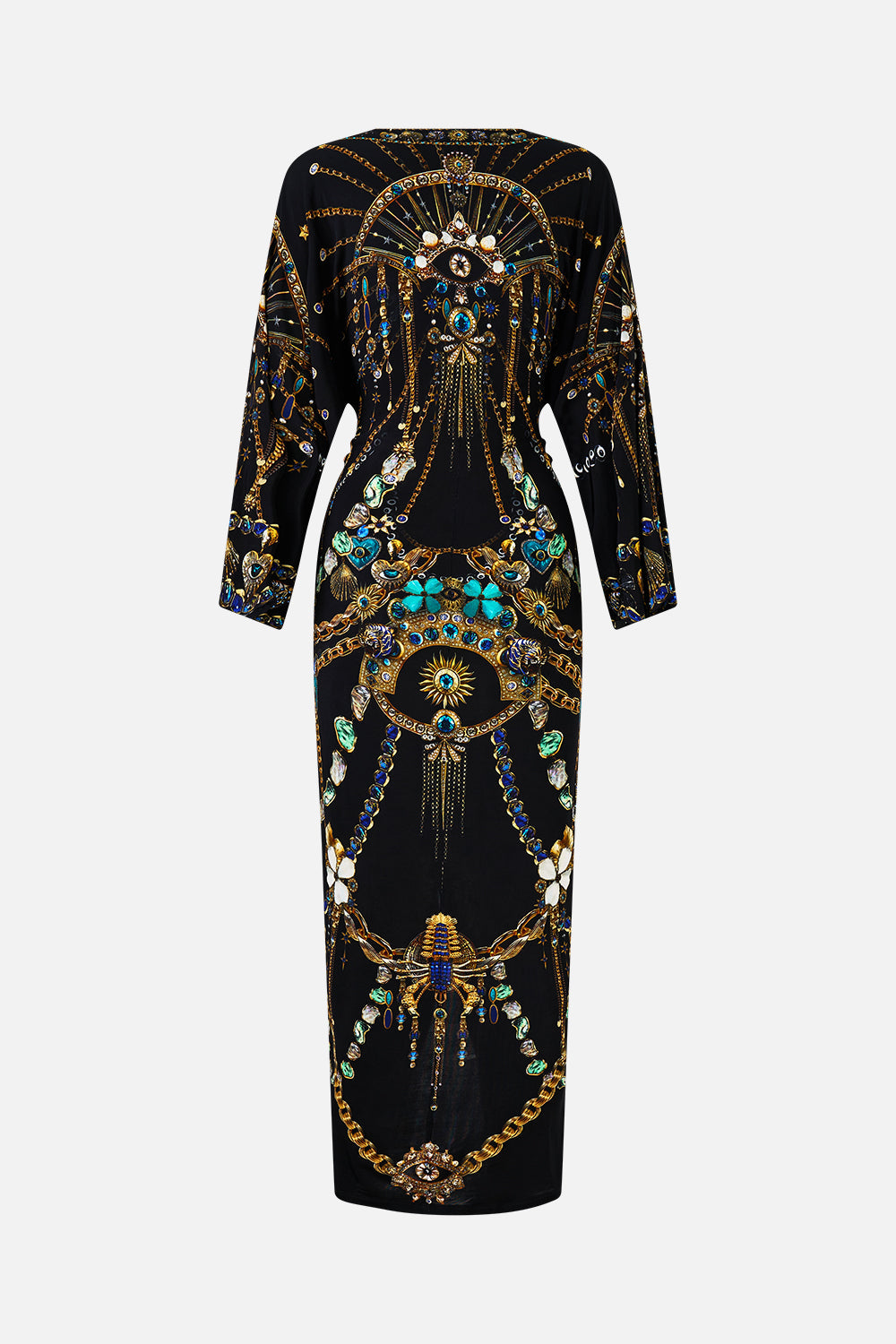 The CAMILLA long split front twist dress from our print amulets and alchemy, back product view