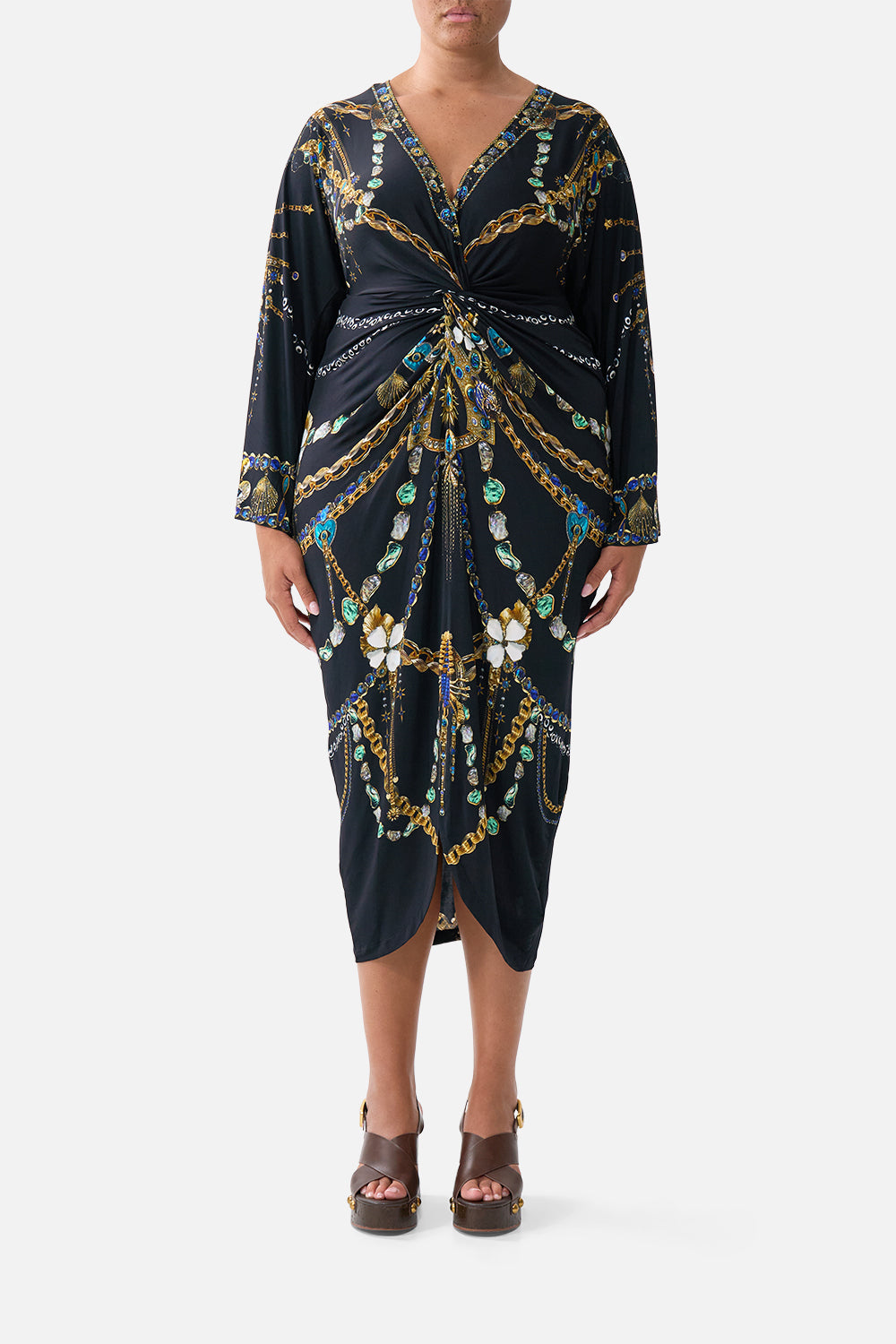 The CAMILLA long split front twist dress from our print amulets and alchemy, front model view