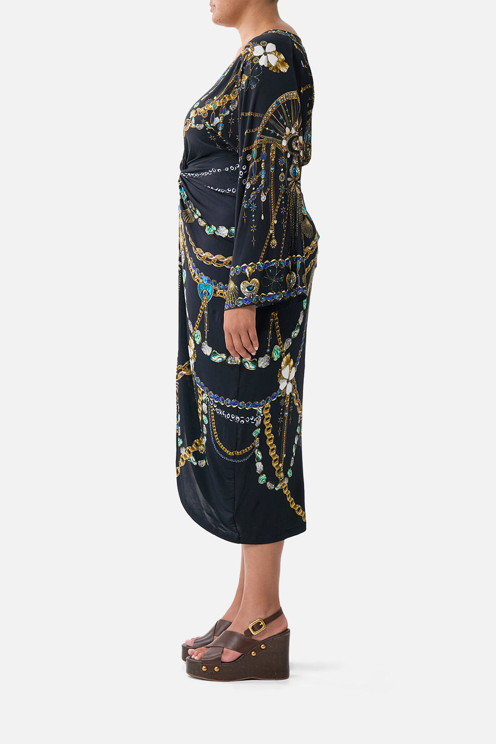 The CAMILLA long split front twist dress from our print amulets and alchemy, side model view