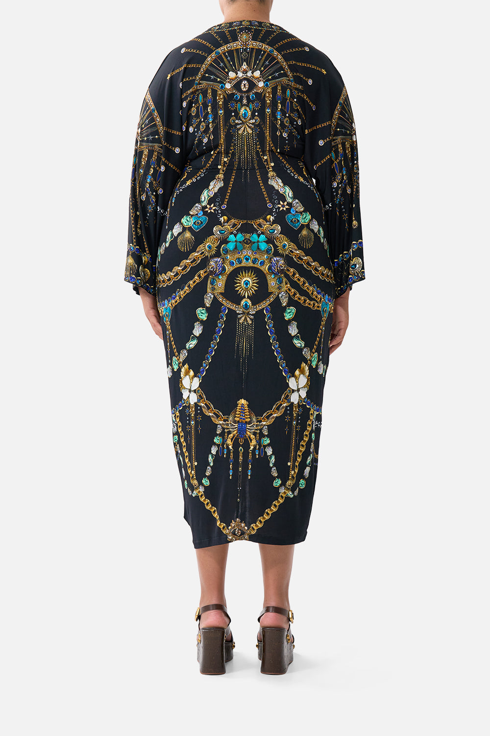 The CAMILLA long split front twist dress from our print amulets and alchemy, back model view