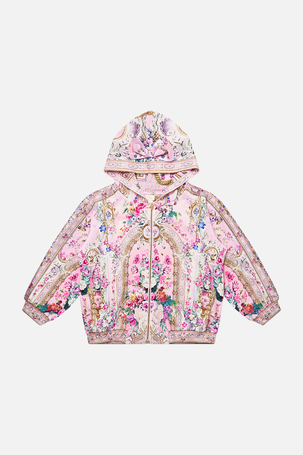 The CAMILLA kids zip through hoodie with bow from our print palatial pastels, front product view