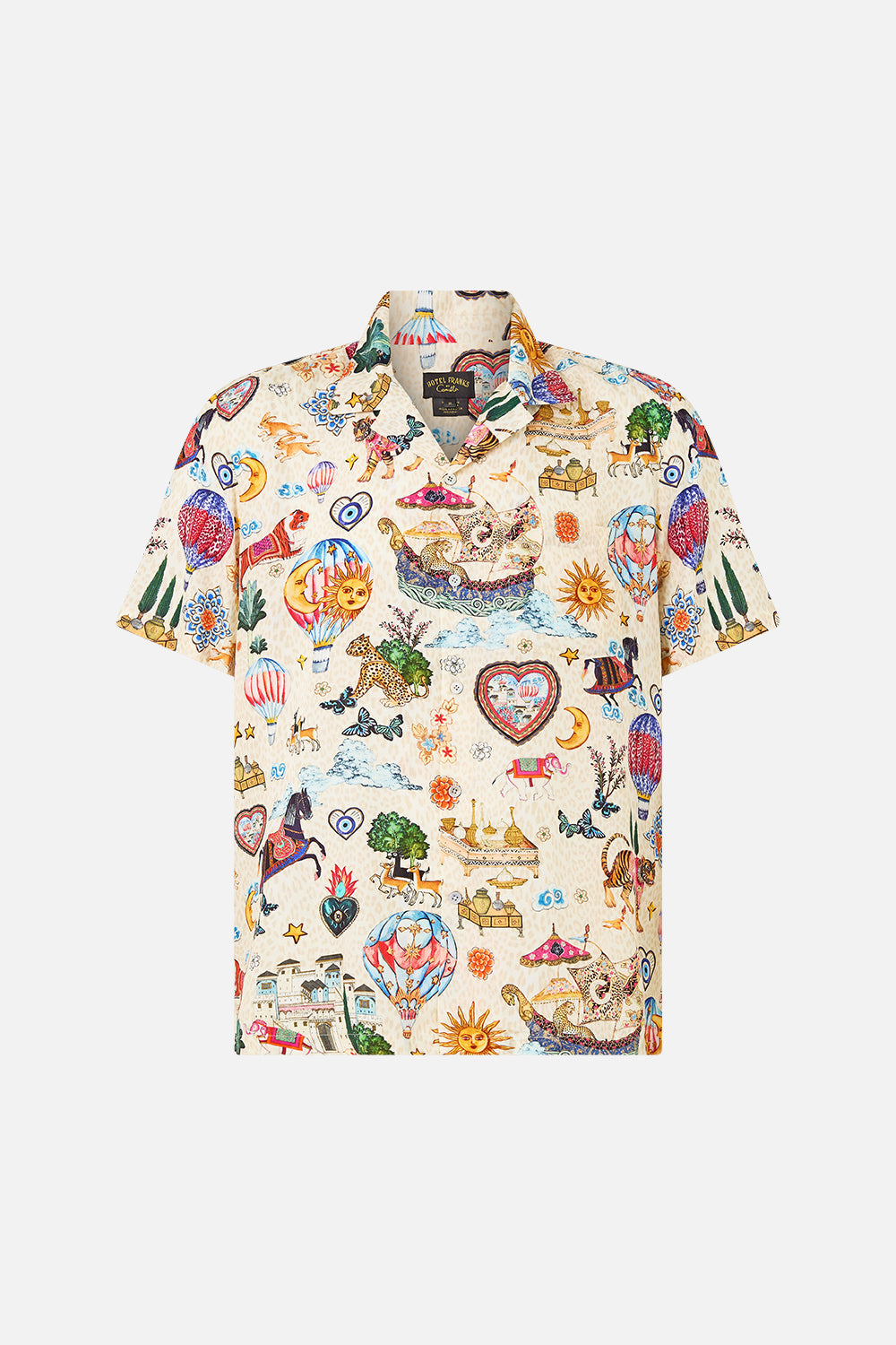 The CAMILLA SHORT SLEEVE CAMP COLLARED SHIRT KAPADOKYA KITSCH in our  print.
