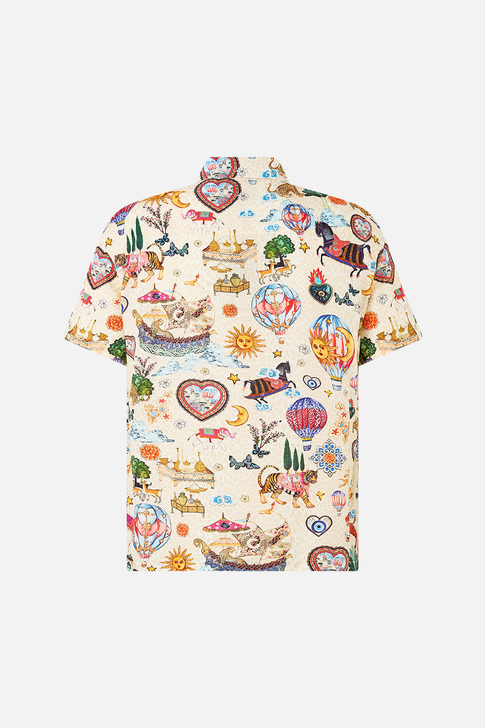The CAMILLA SHORT SLEEVE CAMP COLLARED SHIRT KAPADOKYA KITSCH in our  print.