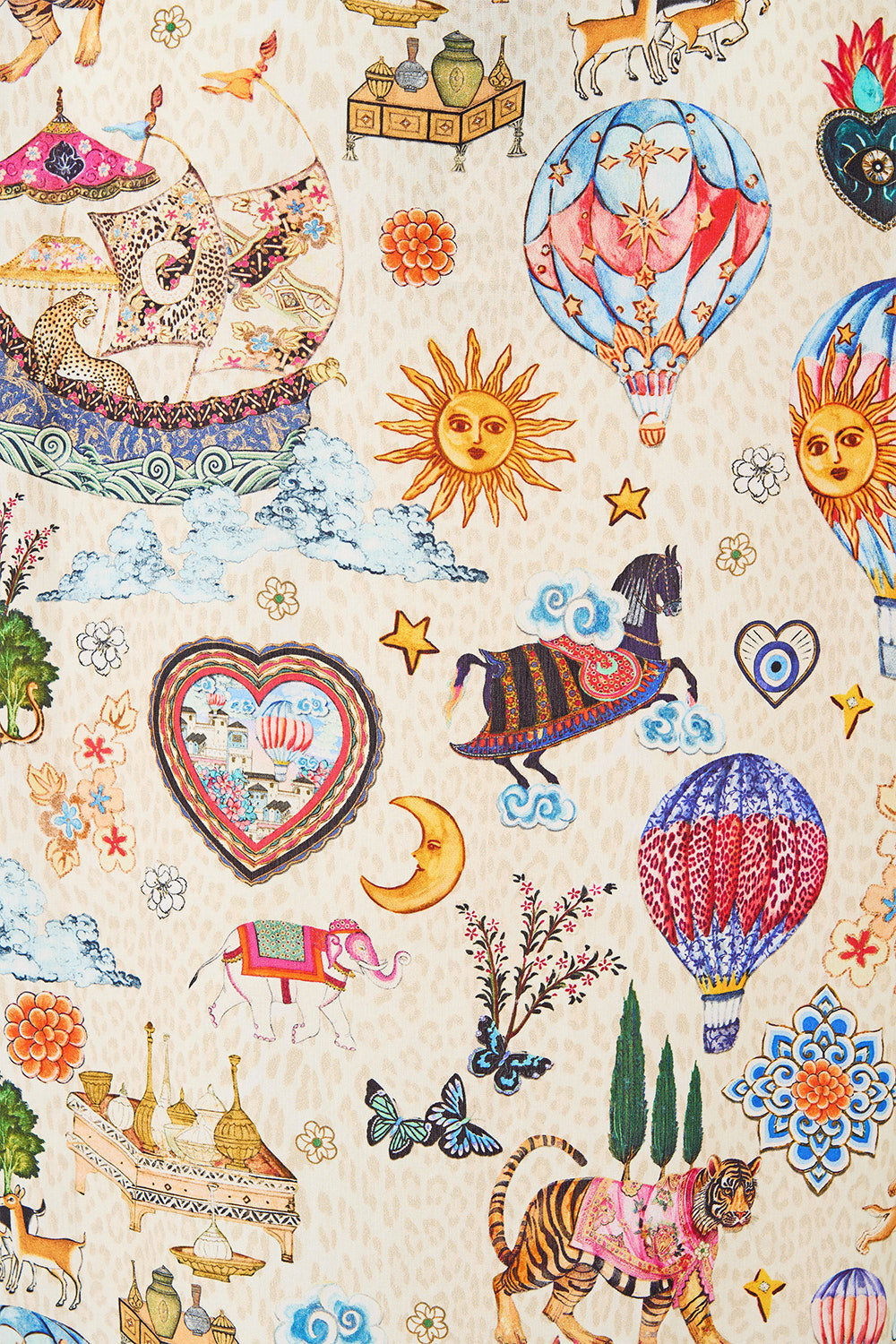 The CAMILLA SHORT SLEEVE CAMP COLLARED SHIRT KAPADOKYA KITSCH in our  print.
