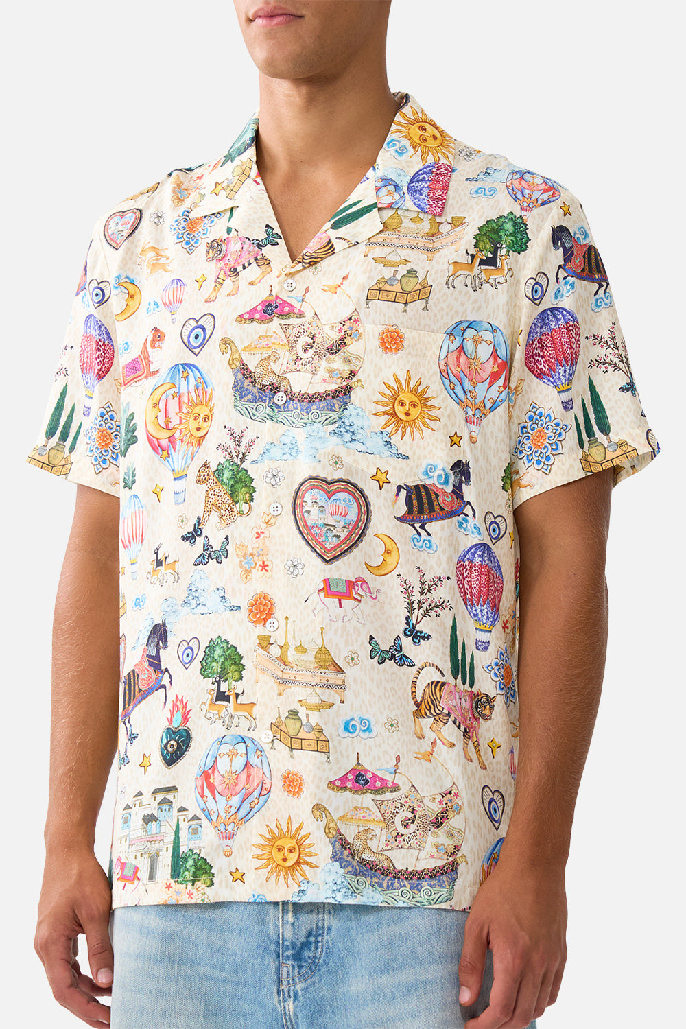 The CAMILLA SHORT SLEEVE CAMP COLLARED SHIRT KAPADOKYA KITSCH in our  print.