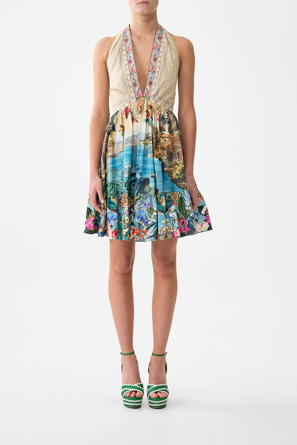 RUFFLE HEM HALTER SHORT DRESS BODRUM BOTANICALS