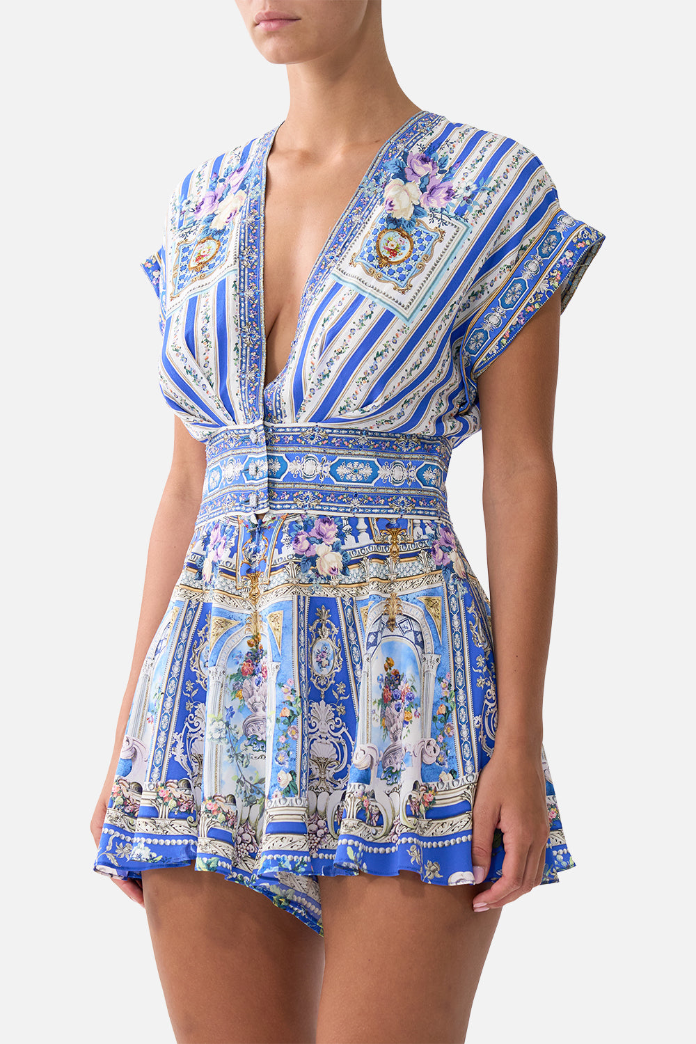 The CAMILLA BUTTON WAIST PLAYSUIT OTTOMAN OPULENCE in our  print.