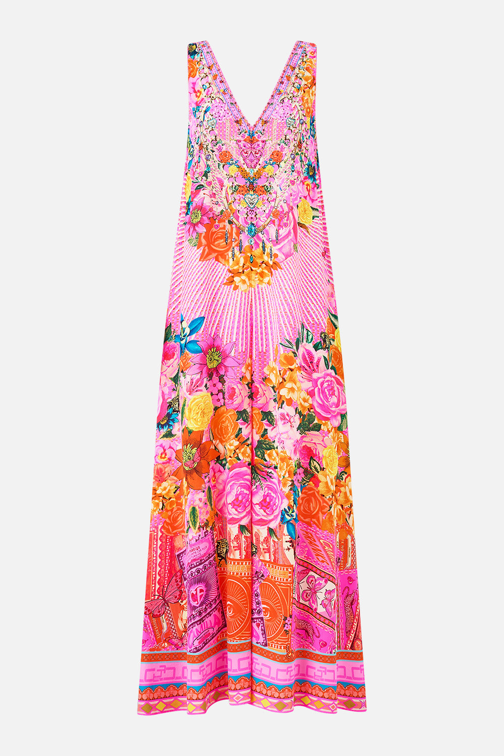 The CAMILLA v-neck flared jumpsuit from our print illustration nation, front product view