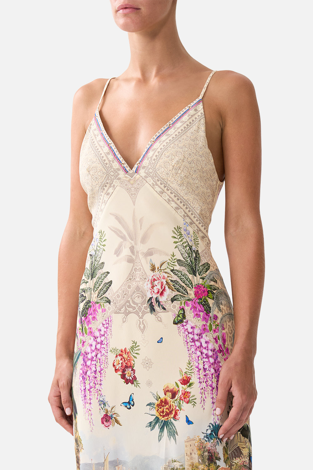 Bodrum Botanicals V-Neck Full Length Bias Slip Dress | CAMILLA US