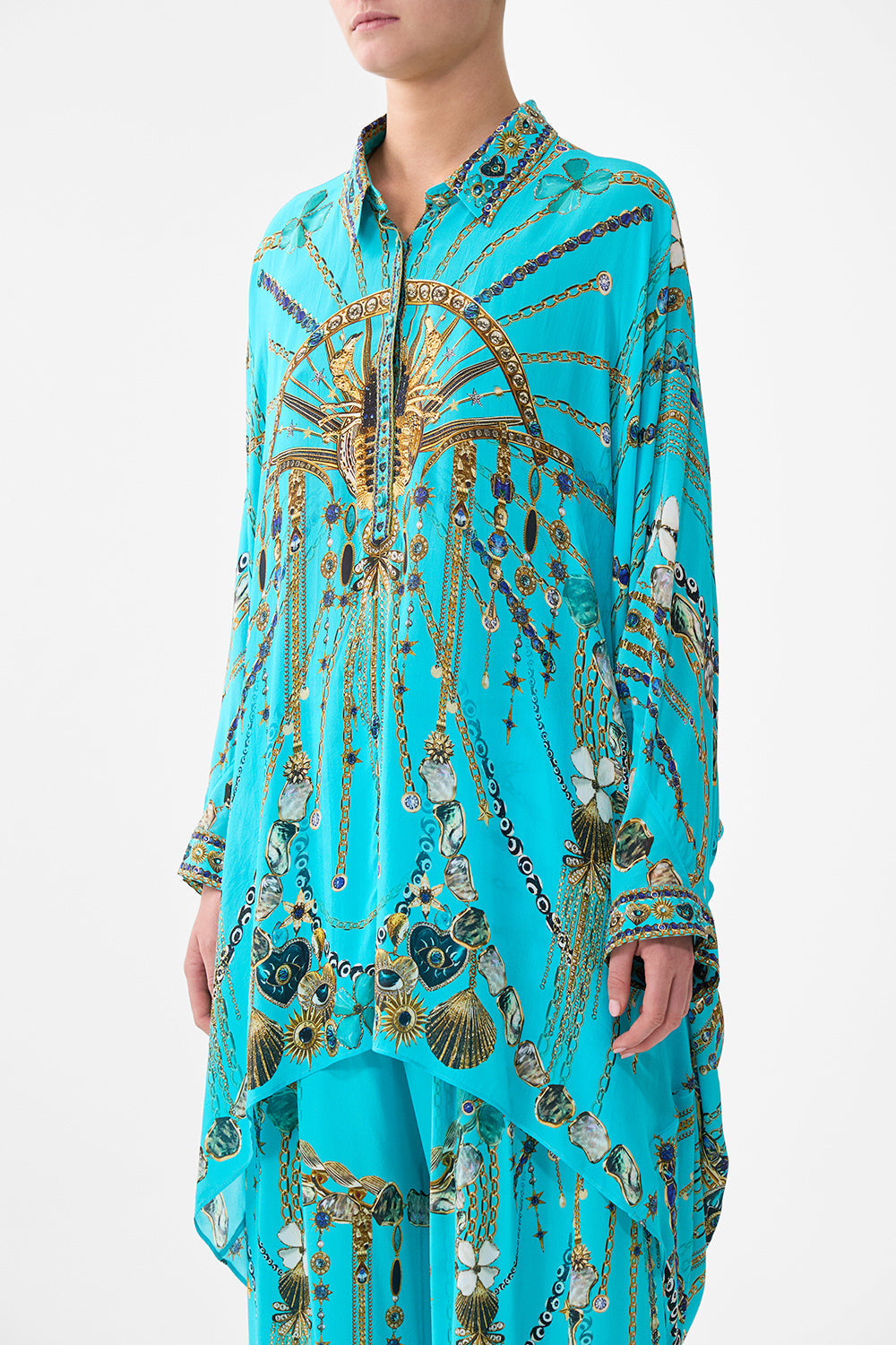 BUTTON UP TOP WITH DRAPED BACK TOTEMS AND TREASURES