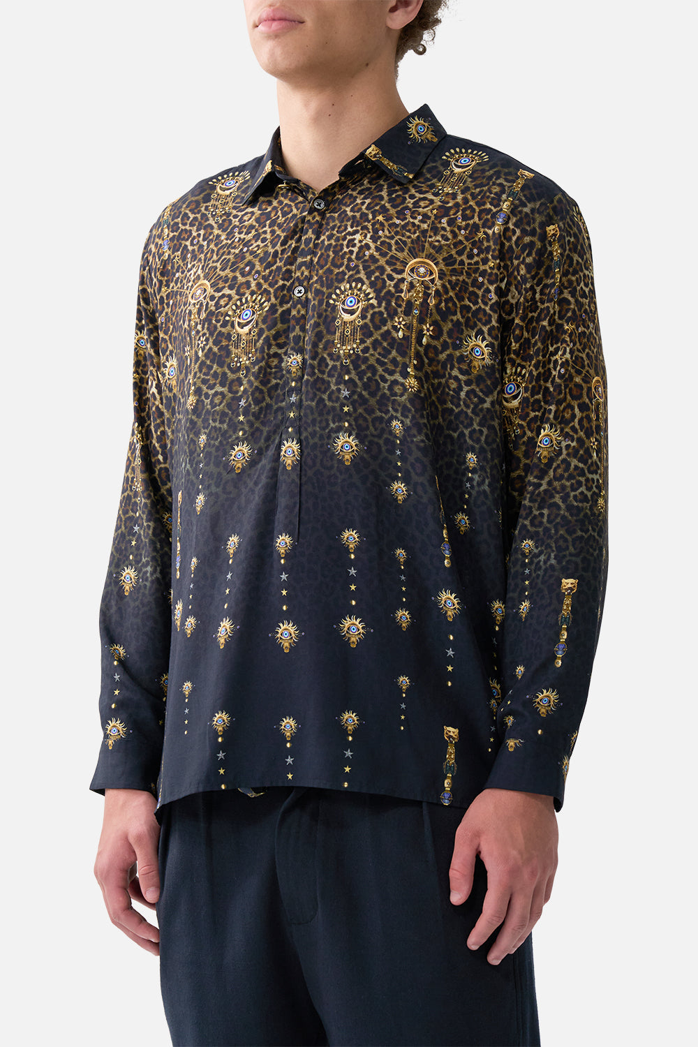 BLUSA TÚNICA DE MANGA LARGA CON MEDIA TAPETA FOLCLORE FELINO