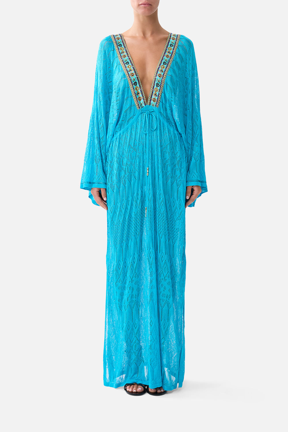 The CAMILLA KNIT KAFTAN WITH SILK NECKLINE TOTEMS AND TREASURES in our TOTEMS AND TREASURES print.