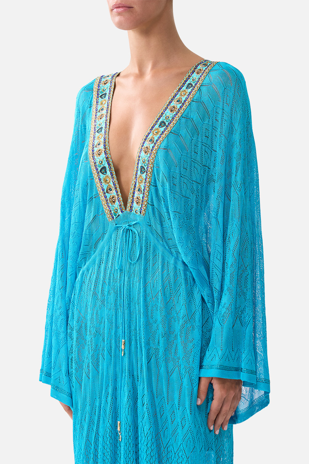 The CAMILLA KNIT KAFTAN WITH SILK NECKLINE TOTEMS AND TREASURES in our  print.